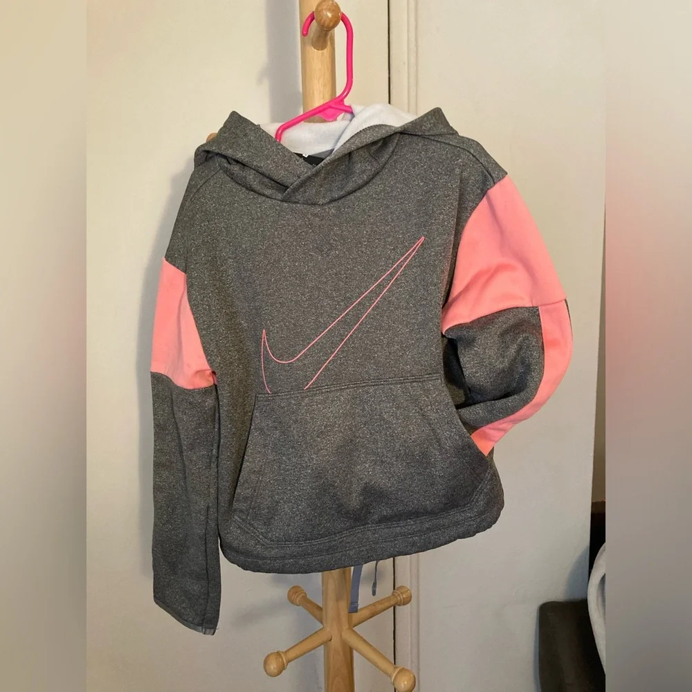 Nike Dri Fit Kids Heathered Gray and Pink Nike Swoosh Light Fleece Lined Hoodie